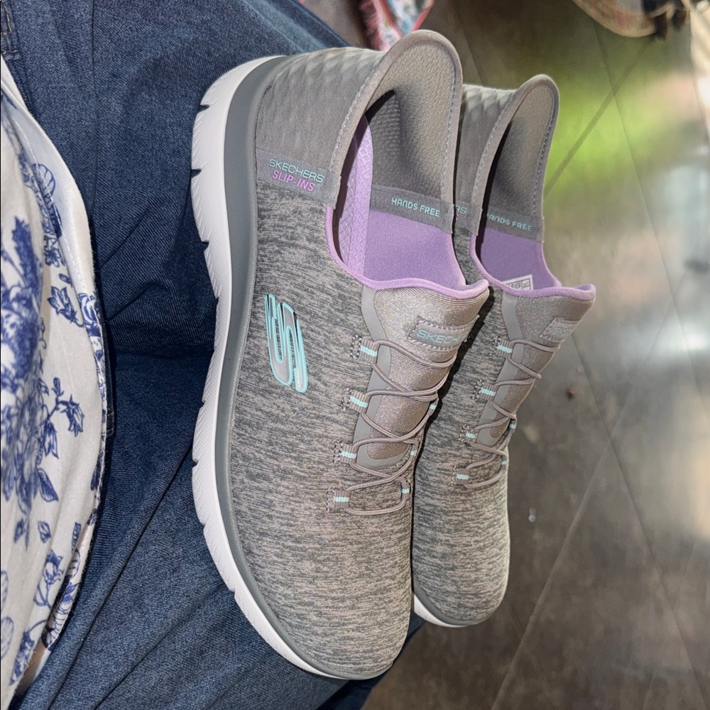 Skechers Women's Gray and Purple Slip-On Sneakers